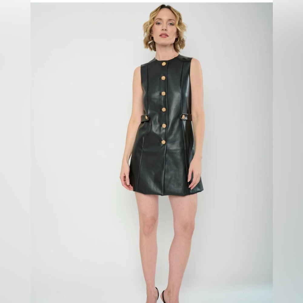 Flora Bea NYC Emely Button Down Dress Faux Leather Black New Size XS